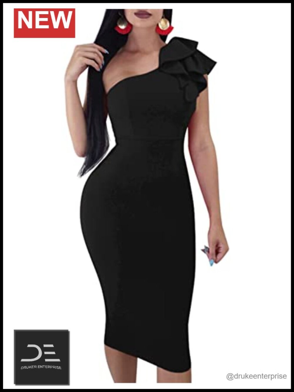 Mokoru Sexy Ruffle One Shoulder Bodycon Midi Cocktail Party Dress